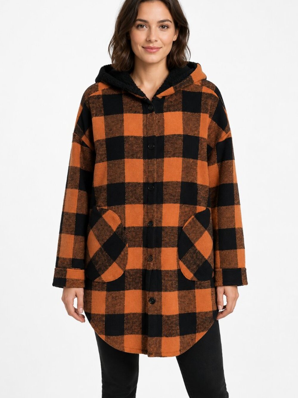 KD Style Conscious Plaid Hooded Shacket Coat Sherpa Lined Size XS